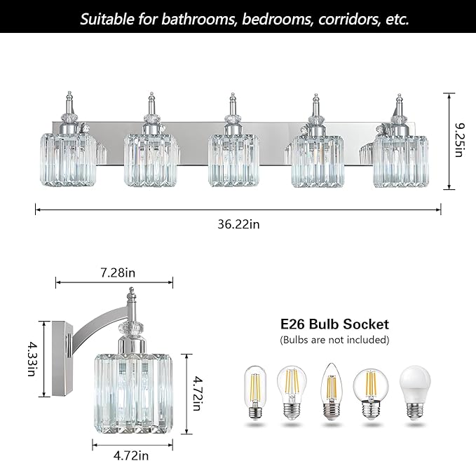 BBLLWJ Crystal Vanity Lights Chrome 5 Light Bathroom Light Fixtures Over Mirror