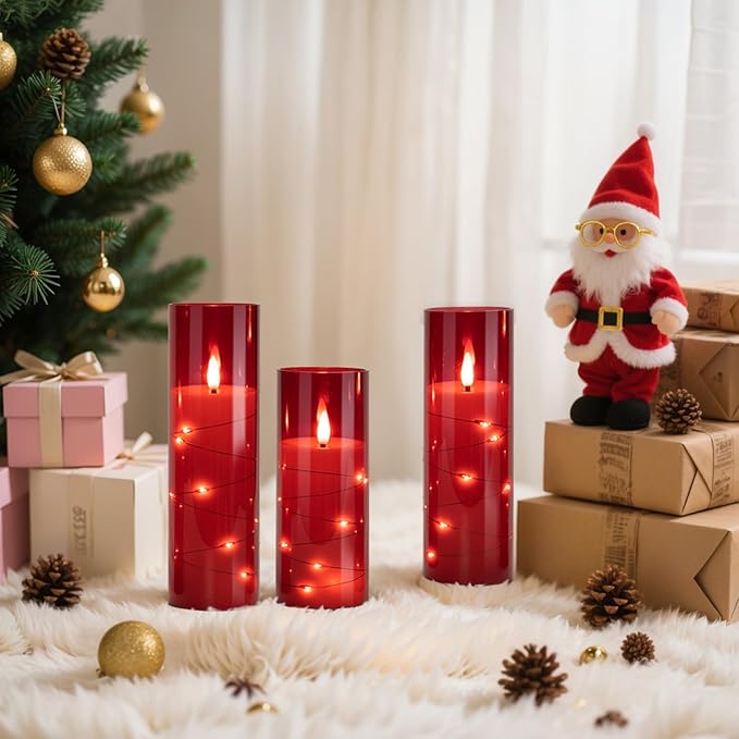 Raycare Flameless Candle with Remote Timer – 9 Flickering Acrylic Battery Operated LED Pillar Candles with Embedded Star String for Halloween, Home Decor, and as a Gift (Red) (9 Pcs)