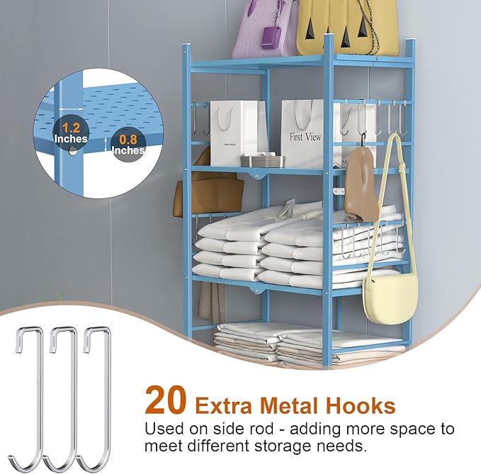 Storage Shelves with 20 Hooks, 5-Tier Foldable Shelf