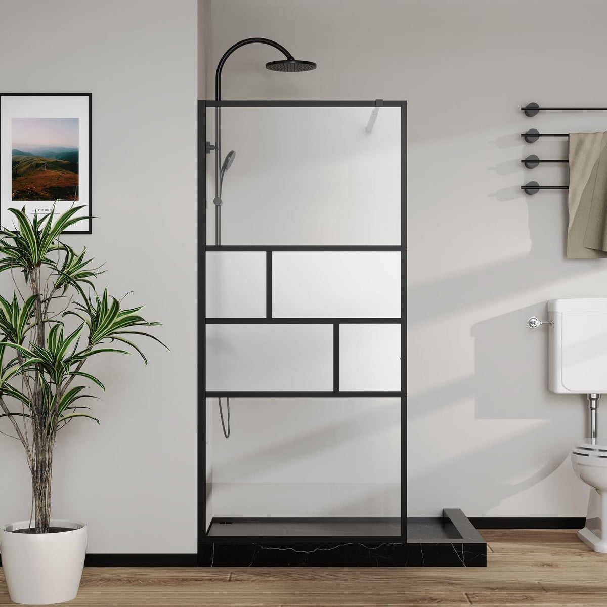Goodyo 34” X 72” Shower Door Tempered Glass Framed Shower Screen Panel (3-Pieces)