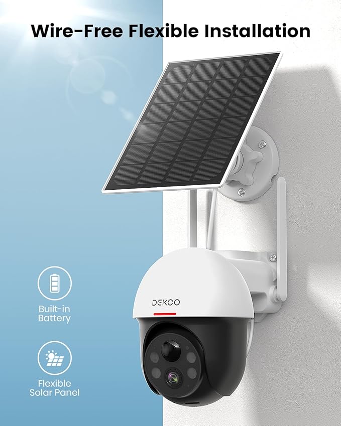 DEKCO Solar Security Camera Outdoor Wireless, Battery Powered, Panoramic Pan