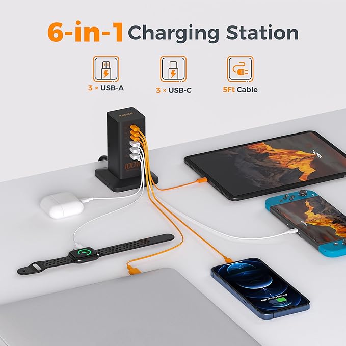 USB C Charger Blcok PD 100W, TESSAN 6-in-1 Charging Station