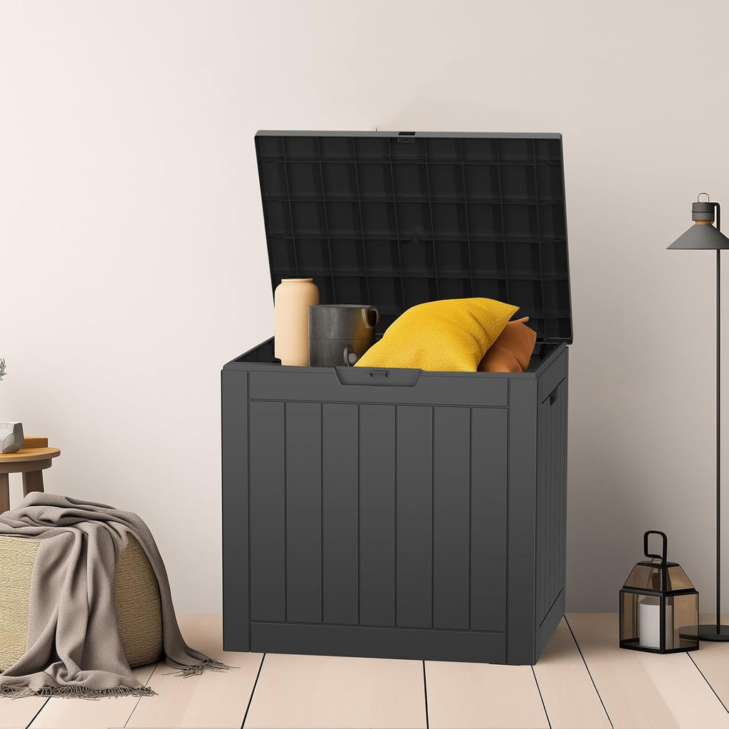 patiozen 30 gallon resin deck box with lockable, side view
