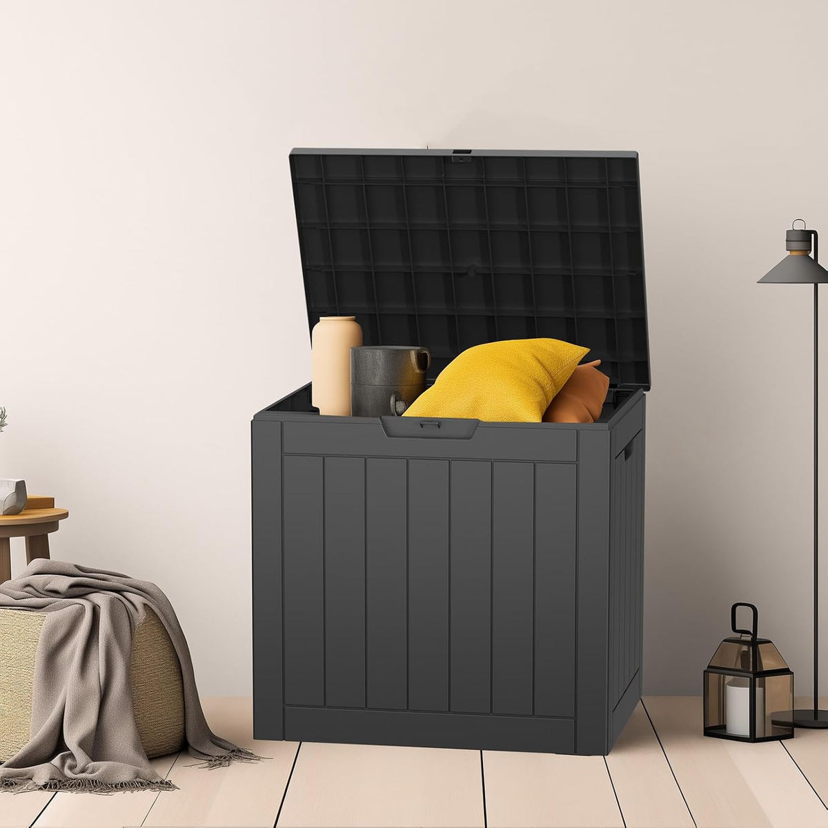patiozen 30 gallon resin deck box with lockable, side view