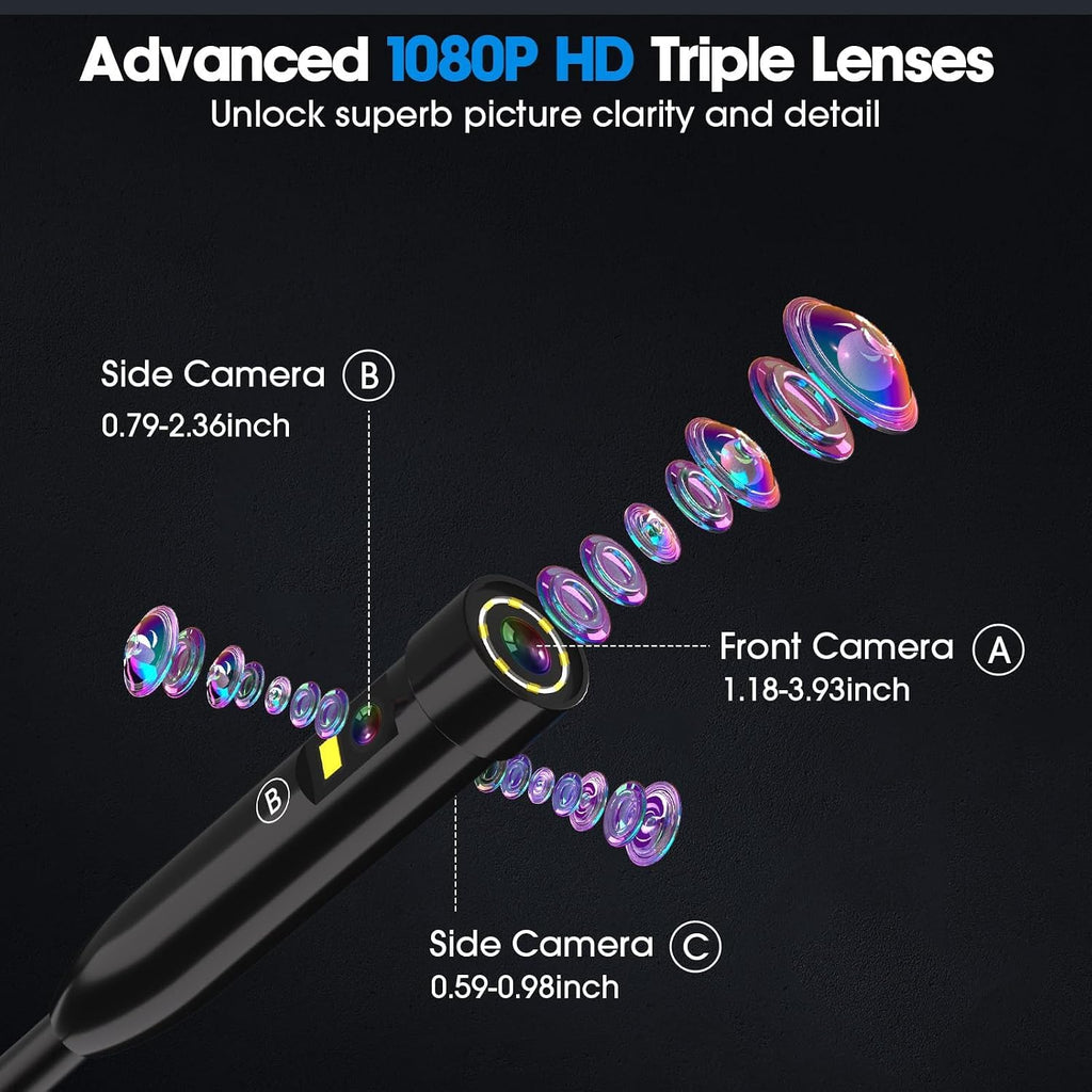 endoscope camera with light,triple lens 1080p hd borescope,16.4ft/5m, close-up detail
