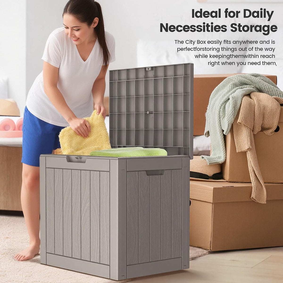 zapdos 31 gallon outdoor deck box, lockable waterproof on a desk or shelf