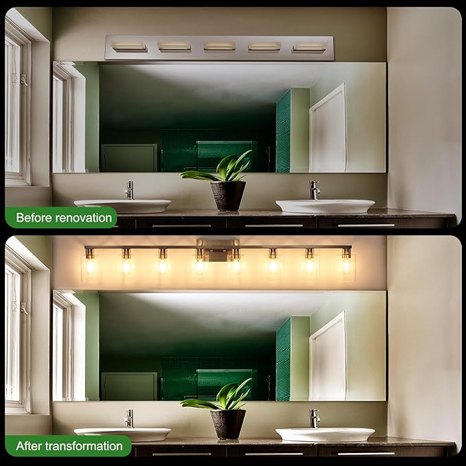8-Light Brushed Nickel Vanity Light Fixtures, Modern Large Bathroom Light