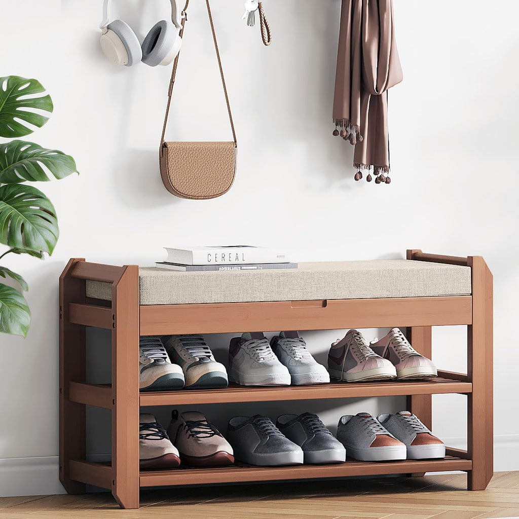 27.6" Entryway Shoe Rack Bench with Cushion, 2-Tier Storage Bench