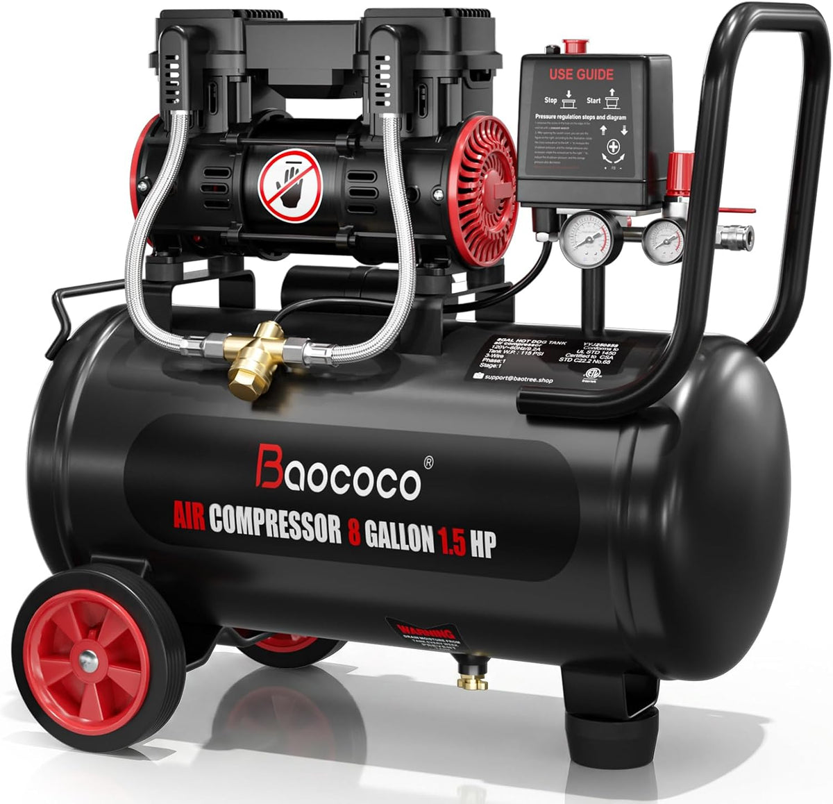 8Gallon Ultra Quiet Air Compressor with Two Quick Couplers 1.5HP MAX115PSI