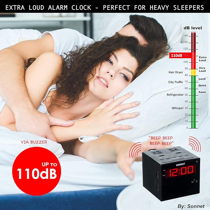 Sonnet Alarm Clock Charging Station, AM FM Radio, Dual USB Charging Ports