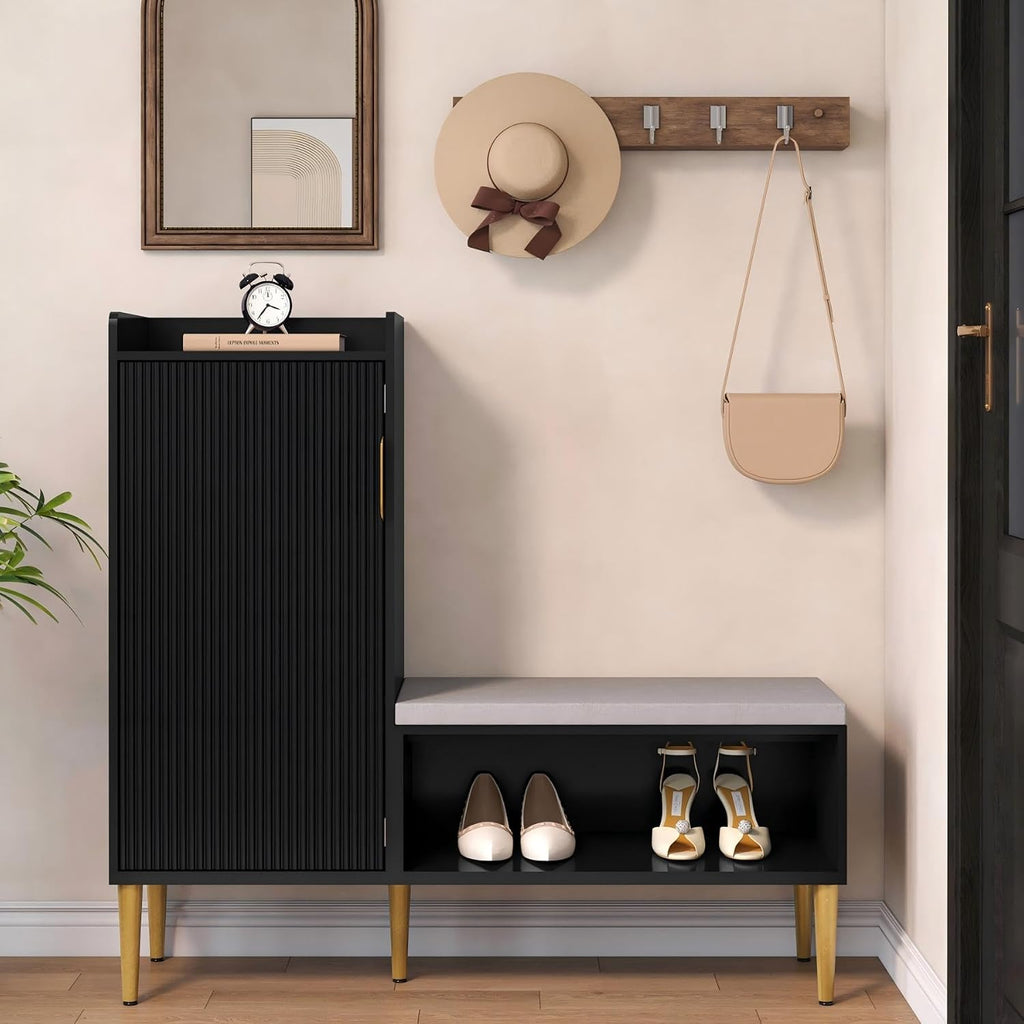 Storage Bench with Fluted Door&Shelf, L-Shaped Entryway Bench