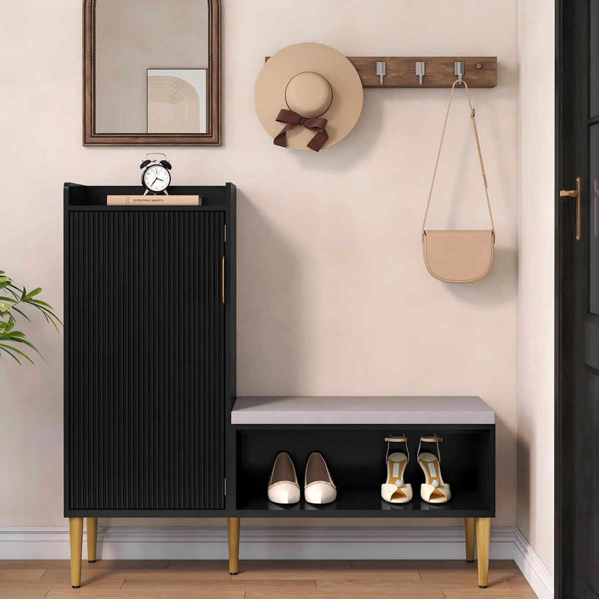Storage Bench with Fluted Door&Shelf, L-Shaped Entryway Bench