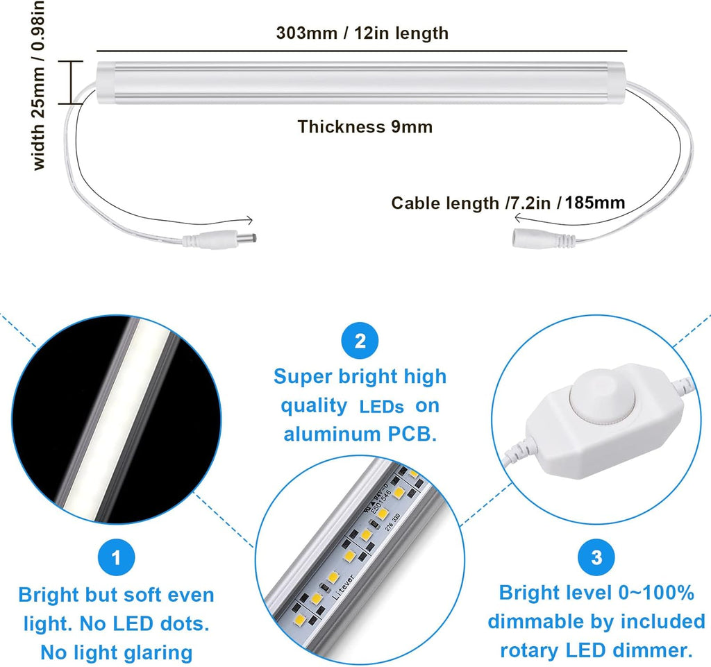 Kitchen Under Cabinet LED Lighting Kit, Super Bright, 6 PCS 12 Inches Light Bars, Plug-in or Hardwire Power Adapter, 31W 2000 Lumen, for Cabinet Counter Shelf Workbench (Daylight White 5000K)