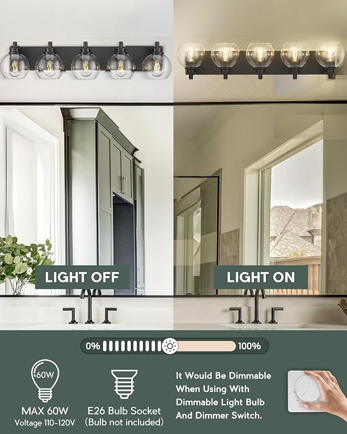 METWET Bathroom Light Fixtures, 5 Light Matte Black Vanity Light, 32 Inch