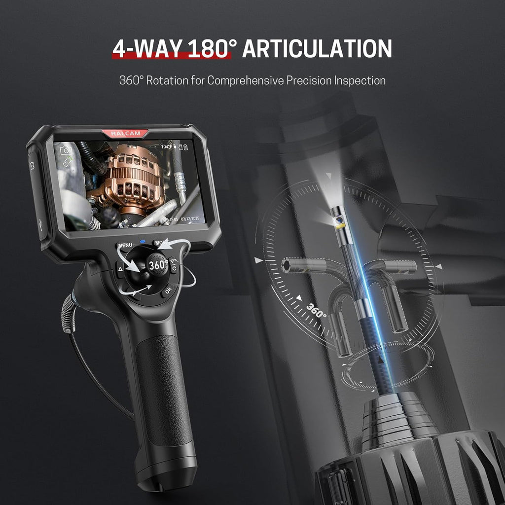 ralcam 4-way 360° articulating borescope for mechanic automotive, close-up detail