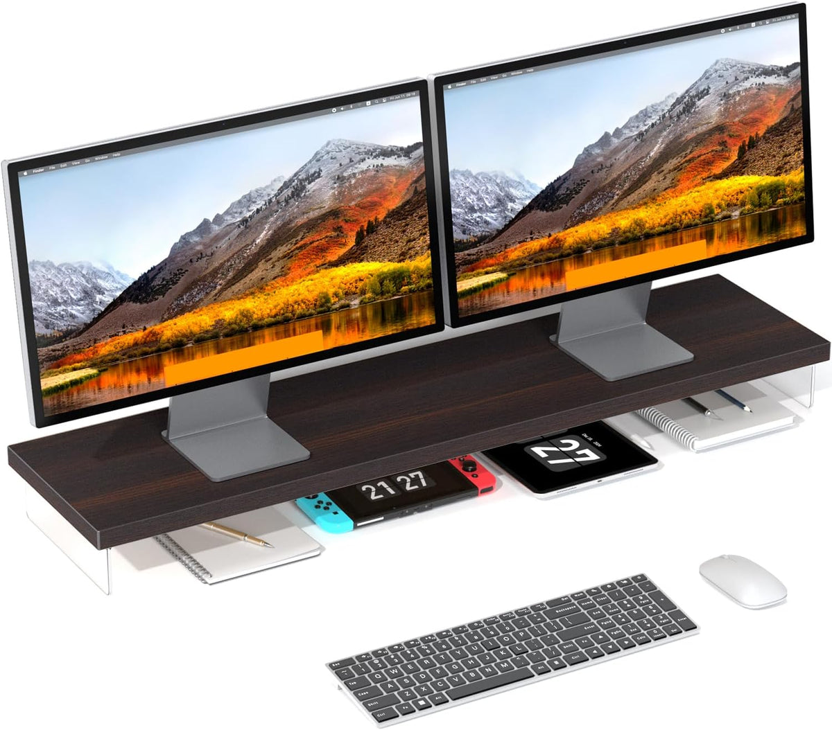 Dual Monitor Stand Riser, Wooden Desktop Organizer Shelf