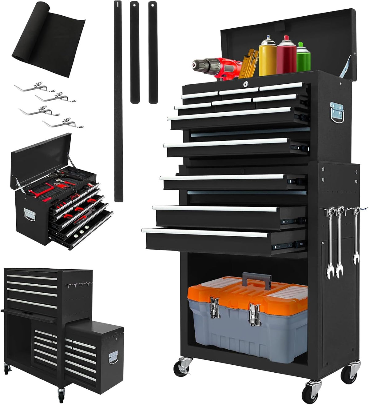 13-Drawer Tool Chest with Wheels,2 in 1 Detachable Rolling Tool box with Drawers,Large ToolBox with Lock,Mobile Steel Tool Cabinet Storage for Warehouse,Garage-Black