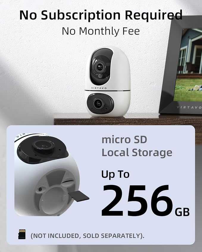 virtavo XD1 Indoor Pet & Baby Camera, No Subscription Required, Dual-Lens 360° (2 Pack)