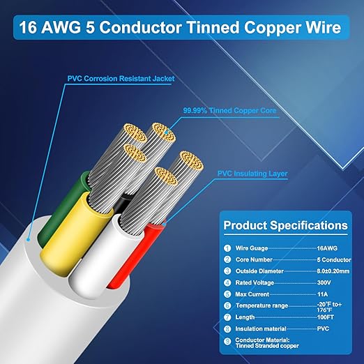 16 Gauge 5 Conductor Electrical Wire, 100FT Low Voltage 16/5 Tinned Copper