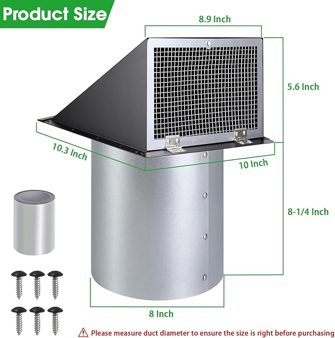 8 inch Hooded Wall Vent with Screen and Damper, Wall Vent Cover Exhaust Vent