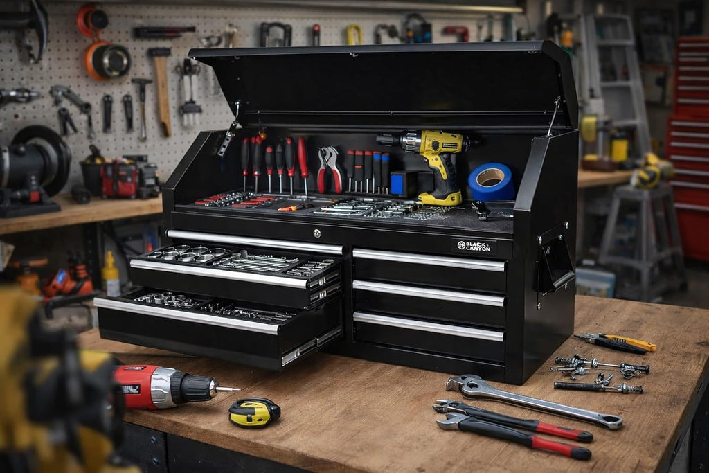 42" Rolling Tool Chest with 6 Drawers - Tool Box with Ball Bearing Slides, Iron Lift-Latch Handles, Flip-Open Top Compartment, Slip-Resistant Liners, Ideal for Garage, Workshop, and Industrial Storage