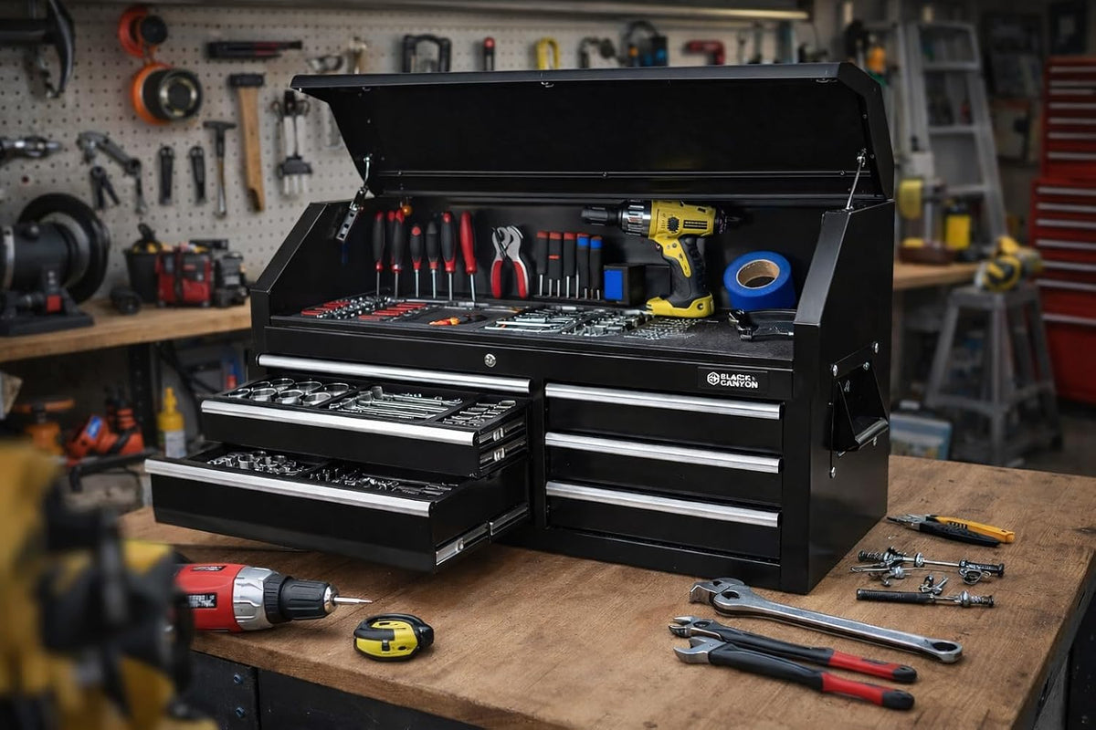 42" Rolling Tool Chest with 6 Drawers - Tool Box with Ball Bearing Slides, Iron Lift-Latch Handles, Flip-Open Top Compartment, Slip-Resistant Liners, Ideal for Garage, Workshop, and Industrial Storage