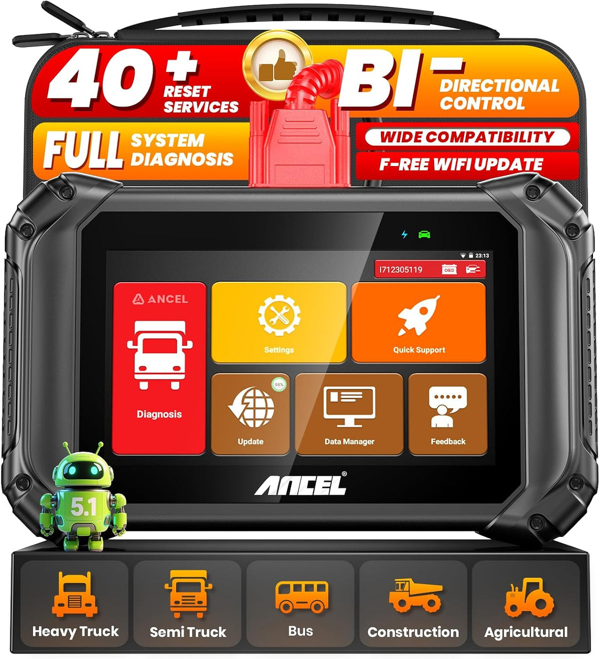 ANCEL V5 HD PRO Heavy Duty Truck Scanner, New Bi-Directional Control Diesel