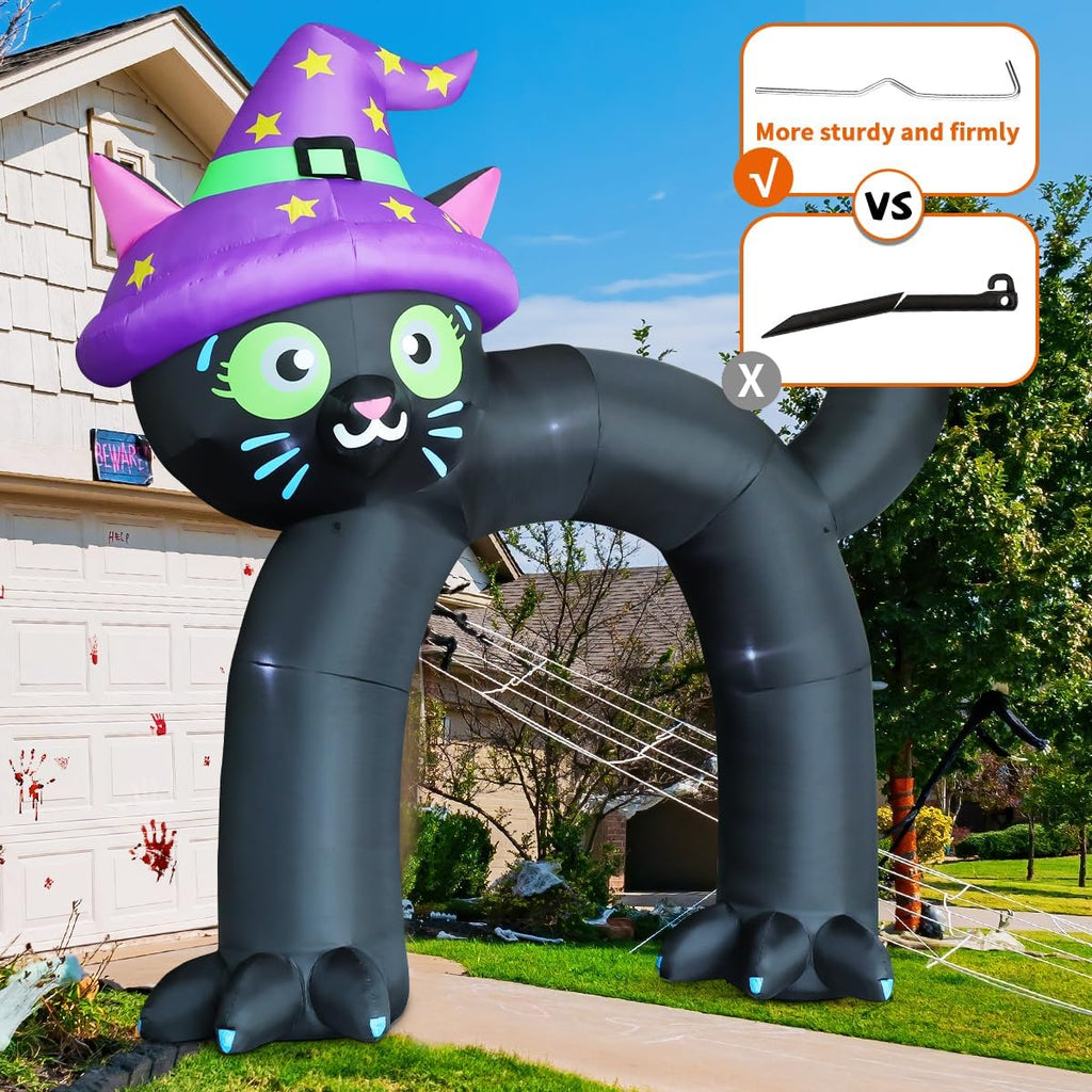 COMIN 14FT Halloween Inflatables Outdoor Decorations Black Cat Arch Blow Up Yard Decoration with Built-in LED for Yard Garden Party Lawn