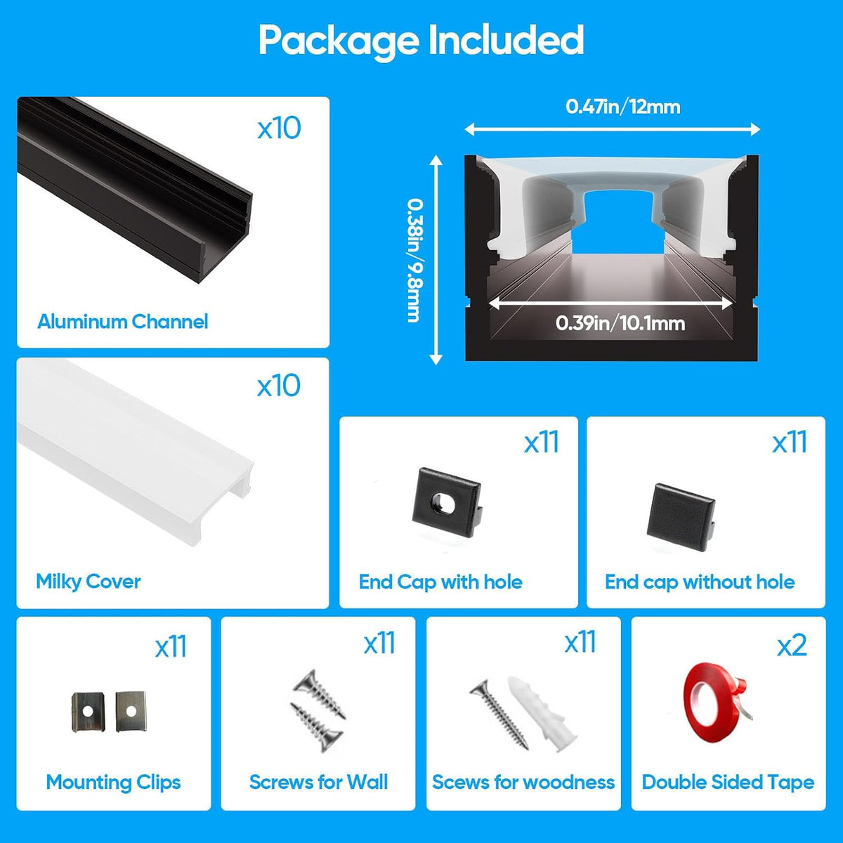 besseto 10 pack led aluminum channel, side view