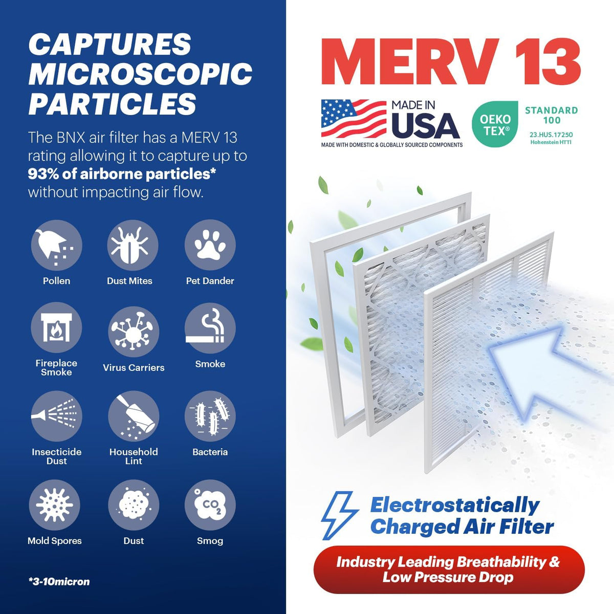 BNX TruFilter 10x24x1 Air Filter MERV 13 (4-Pack) - MADE IN USA - Electrostatic Pleated Air Conditioner HVAC AC Furnace Filters for Allergies, Pollen, Mold, Bacteria, Smoke, Allergen, MPR 1900 FPR 10