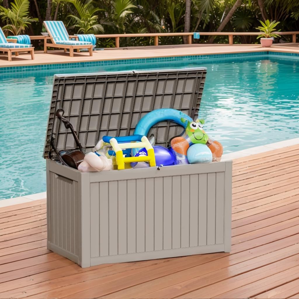 150 gallonoutdoor storage box,resin deck boxes waterproof, indooroutdoor on a desk or shelf