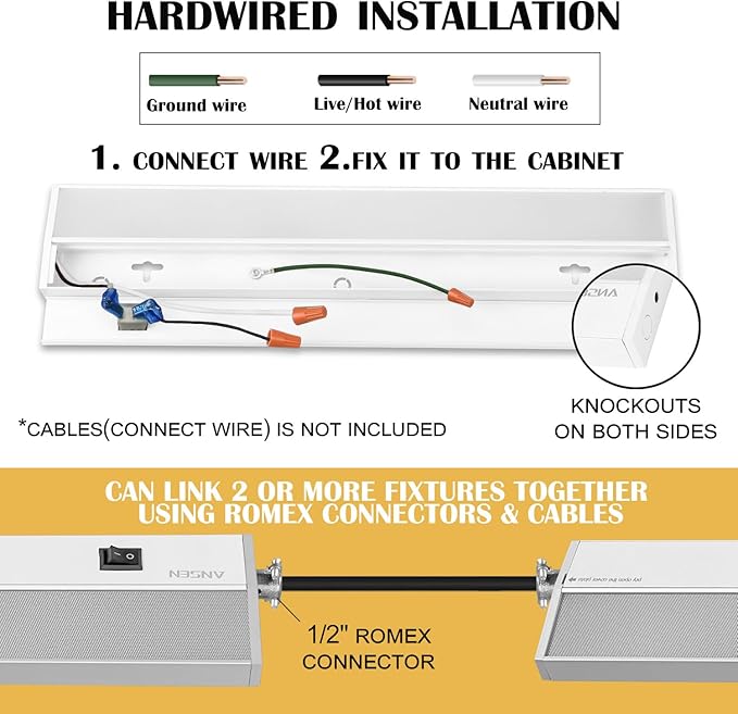 Ansen Hardwired Under Cabinet Lighting, 36in 22W LED Light