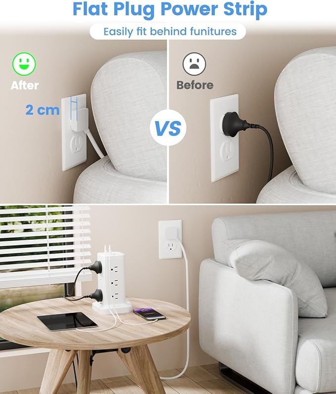 Power Strip Tower with Surge Protector 1800J, Fast Charging Tower PD20W USB-C