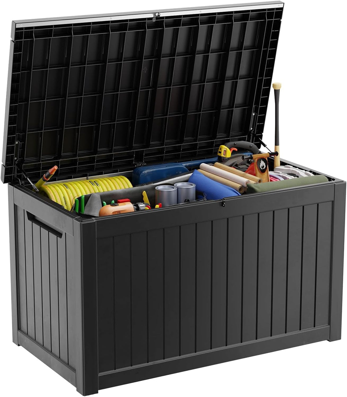 PatioZen 281 Gallon Outdoor Deck Box,Waterproof Resin Outdoor Storage Boxes, Outside Storage Lockable Container for Garden Tools,Indooor Cushions,Accessories (Black)