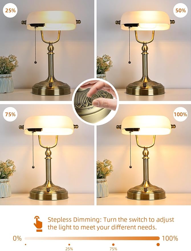 Newrays White Matted Glass Bankers Desk Lamp, Stepless Dimmable Table Lamp Plug