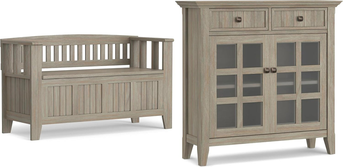 SIMPLIHOME Acadian Storage Bench and Cabinet Set in Distressed Grey