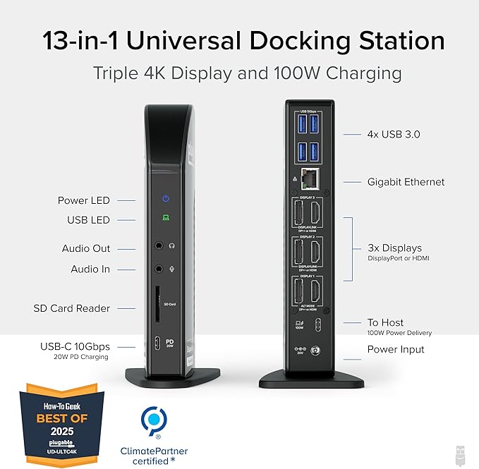 Plugable 13-in-1 USB C Docking Station 4K Triple Monitor