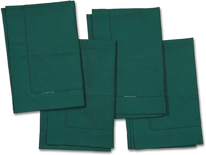 Green Cotton Linen Napkins Set of 4 – Hemstitch Cloth Napkins 20x20 Inch – Washable Fabric Dinner Napkins for Fall, Halloween, Thanksgiving, Everyday Dining & Décor – Serena