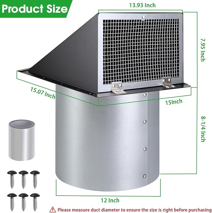 12 Inch Wall Vent Hood Exhaust Vent Cap Dryer Vent Cover, Exterior Hooded Wall