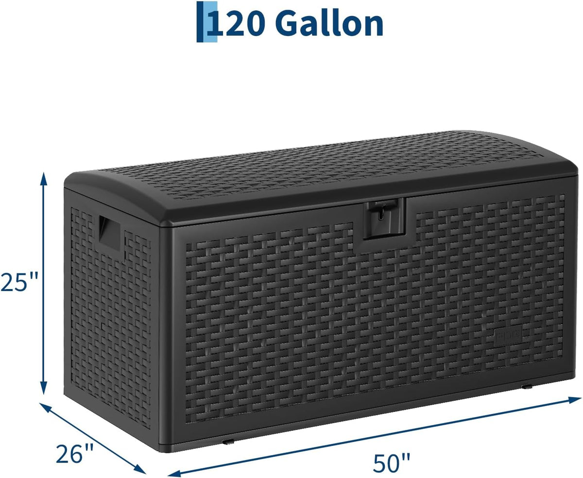 Garvee 120 Gallon Waterproof Large Resin Deck Box Indoor Outdoor, Lockable Storage Container for Patio Furniture Tools, Waterproof Deck Box with Hydraulic Rod Patio Storage Bin for Pool Garden, Black