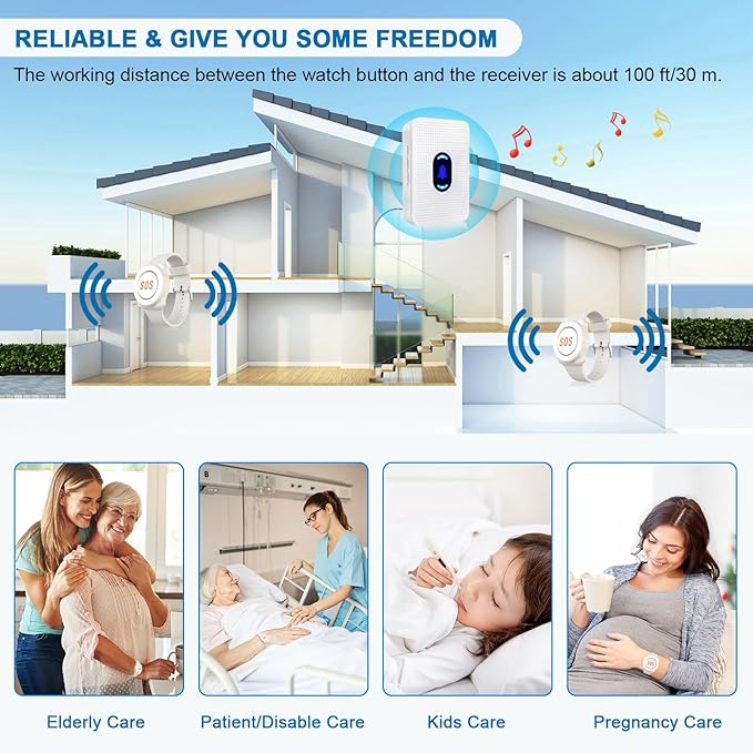 Daytech Wireless Wrist Pager Caregiver Call Button in Home System Watch Alarm