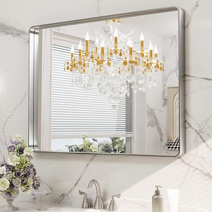 LOAAO 40X32 Inch Brushed Nickel Bathroom Mirror, Rounded Rectangle Silver Metal