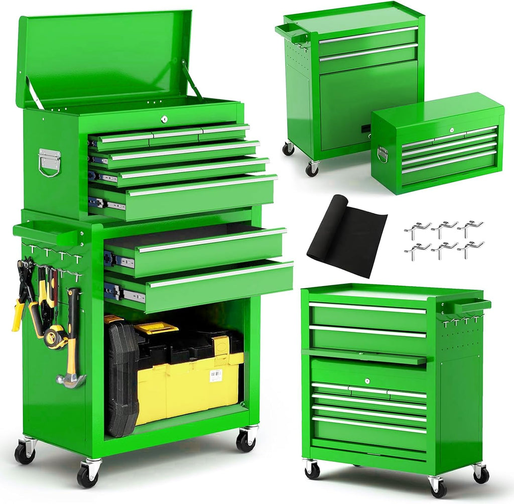 Dawmilon 8 Drawer Rolling Tool Chest, 2-in-1 Detachable Top Tool Box with Lockable Cabinet, Metal Tool Storage Cart with Wheels & EVA Drawer Liners for Garage Workshop, Green