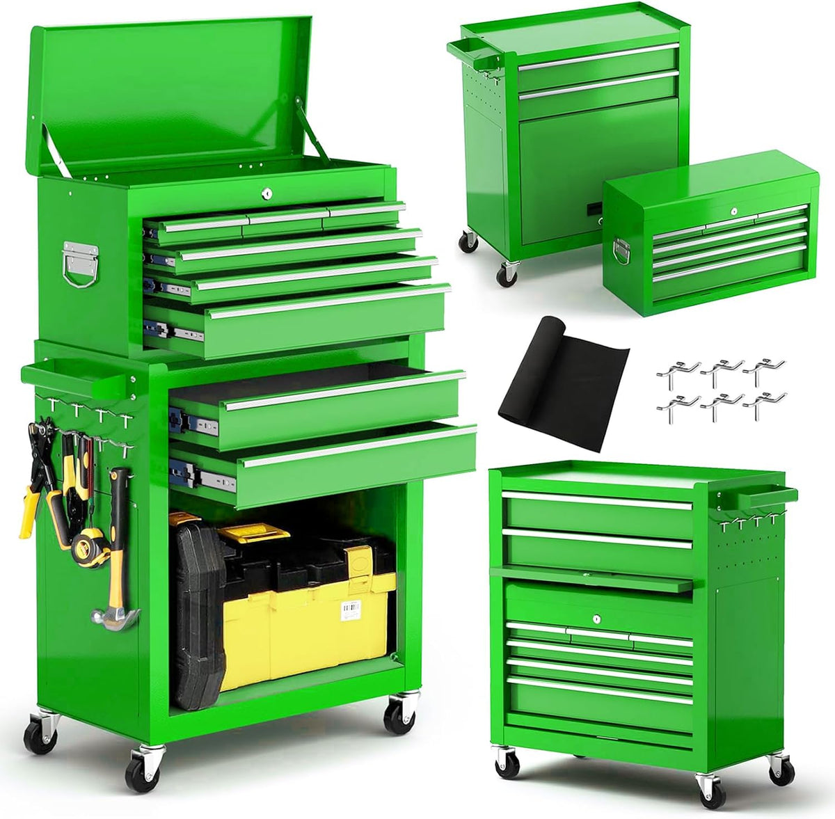 Dawmilon 8 Drawer Rolling Tool Chest, 2-in-1 Detachable Top Tool Box with Lockable Cabinet, Metal Tool Storage Cart with Wheels & EVA Drawer Liners for Garage Workshop, Green