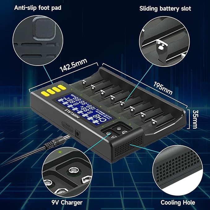18650 Battery Charger, MIEKLALE 8+2 Bays Smart Universal Battery Charger