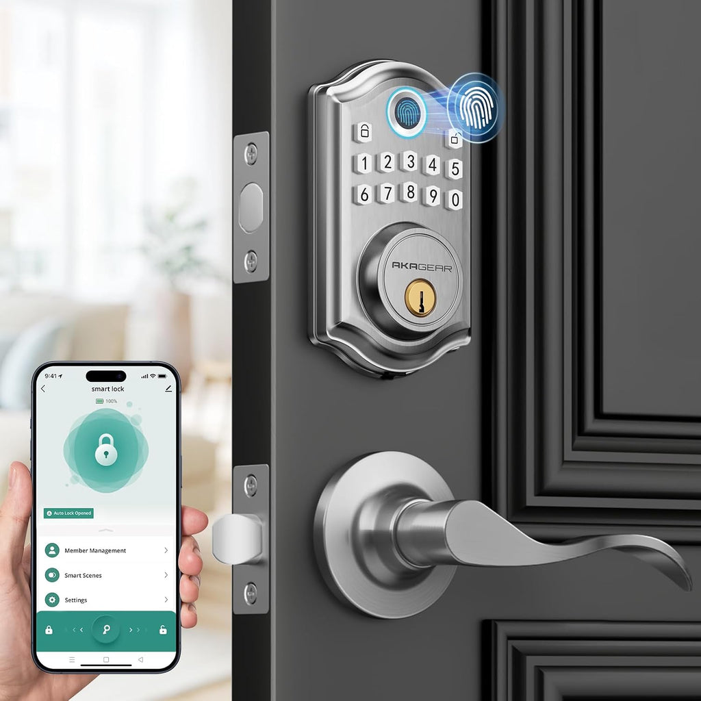 AkaGear Fingerprint Keyless Entry Door Lock with Lever Handle Set, Nickel