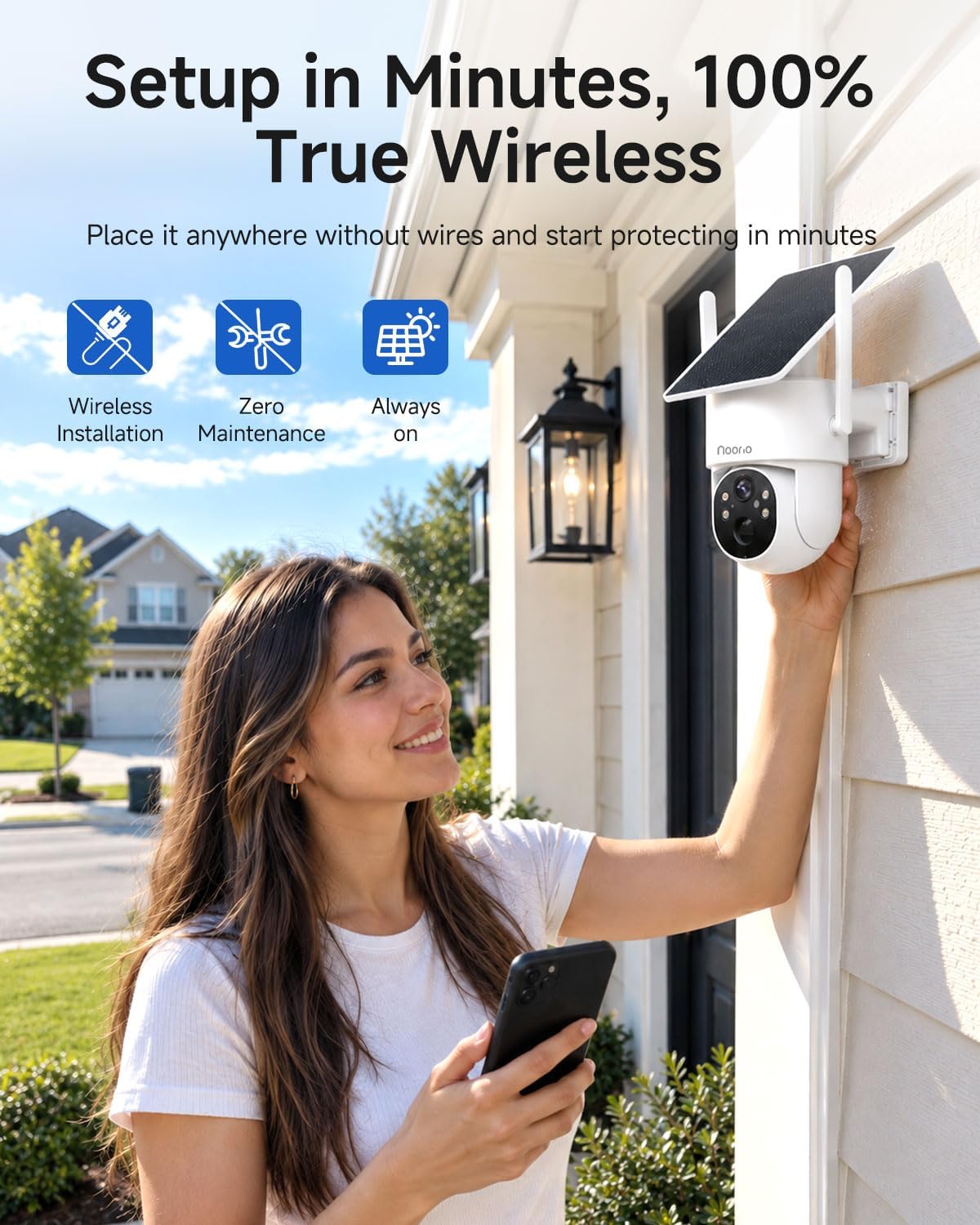 noorio 2k 4mp solar security camera outdoor wireless, front angle view