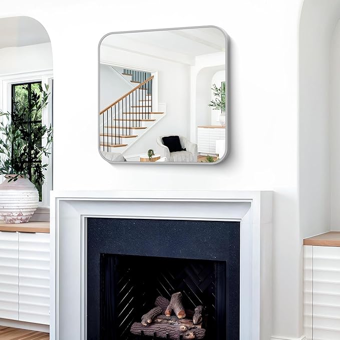 Silver Bathroom Mirror, 30 x 30 Inch Silver Square Mirror, Metal Framed