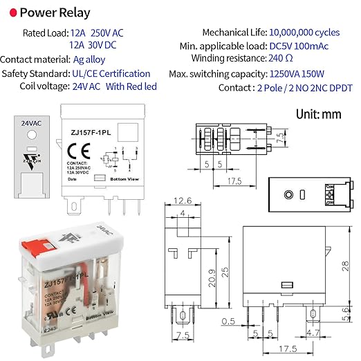 6 Pcs 24VAC Relay Electromagnetic Power Relay 12 Amp 5Pins SPDT 1NO 1NC