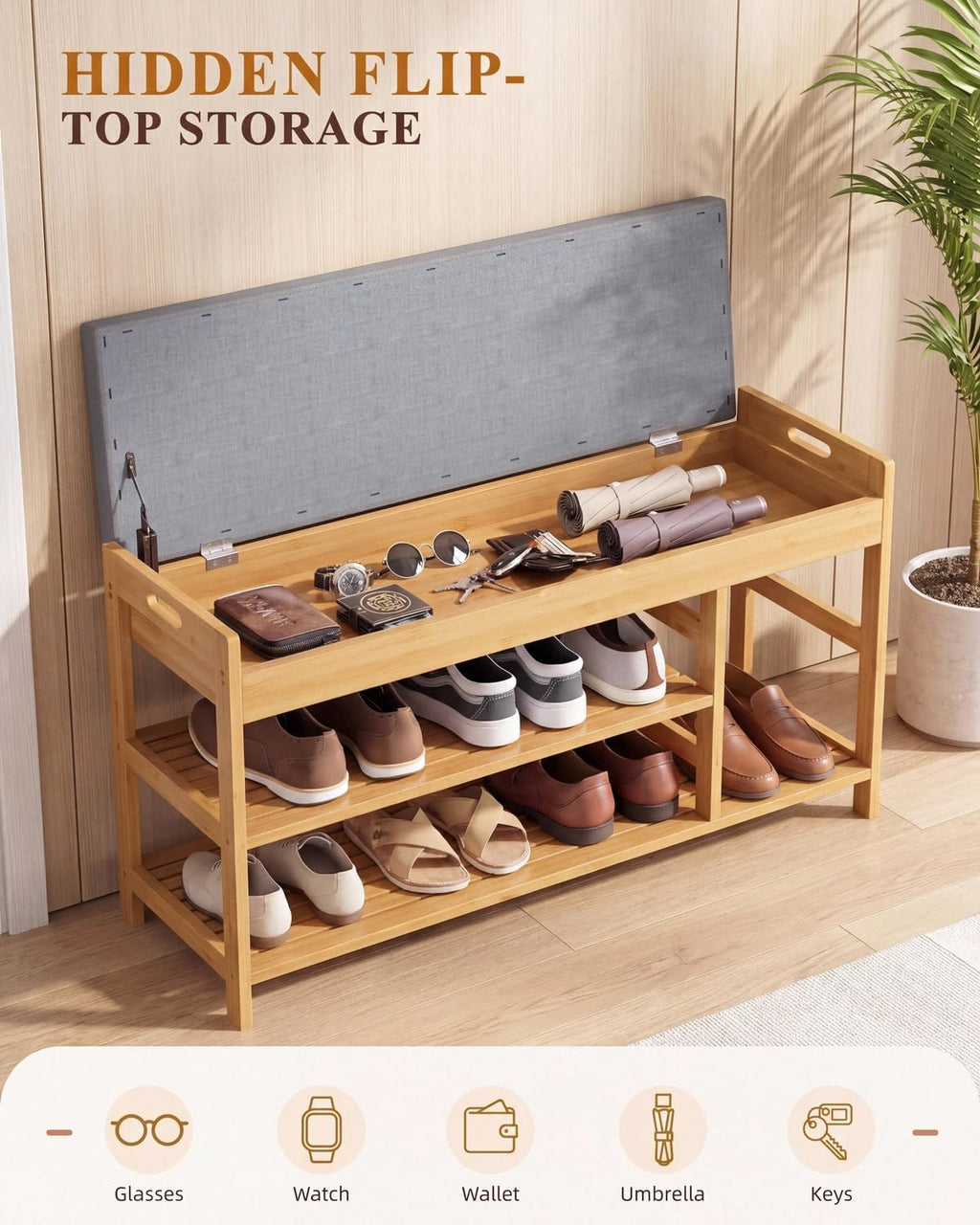 2-Tier Shoe Rack Bench with Flip-Top Storage, 36" Entryway Bench with Seat